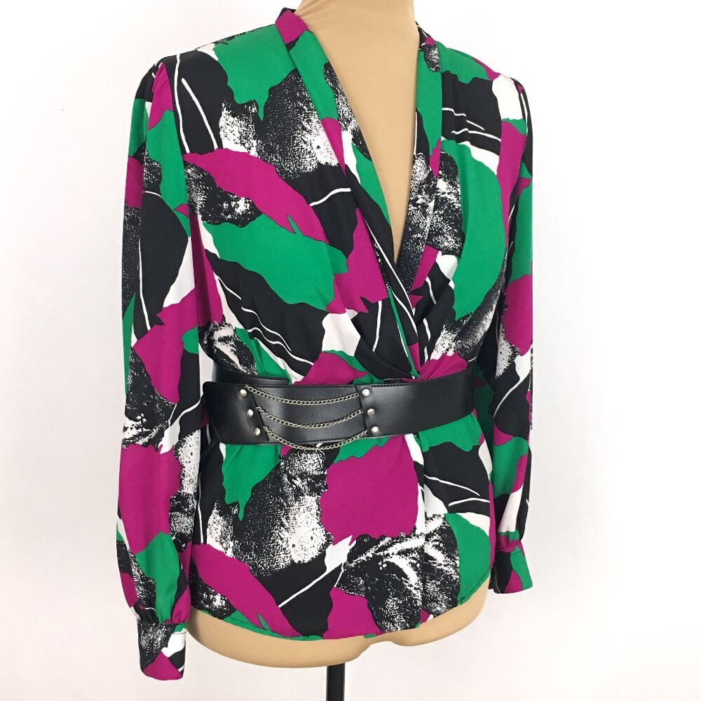80s V Neck Long Sleeve Wrap Blouse